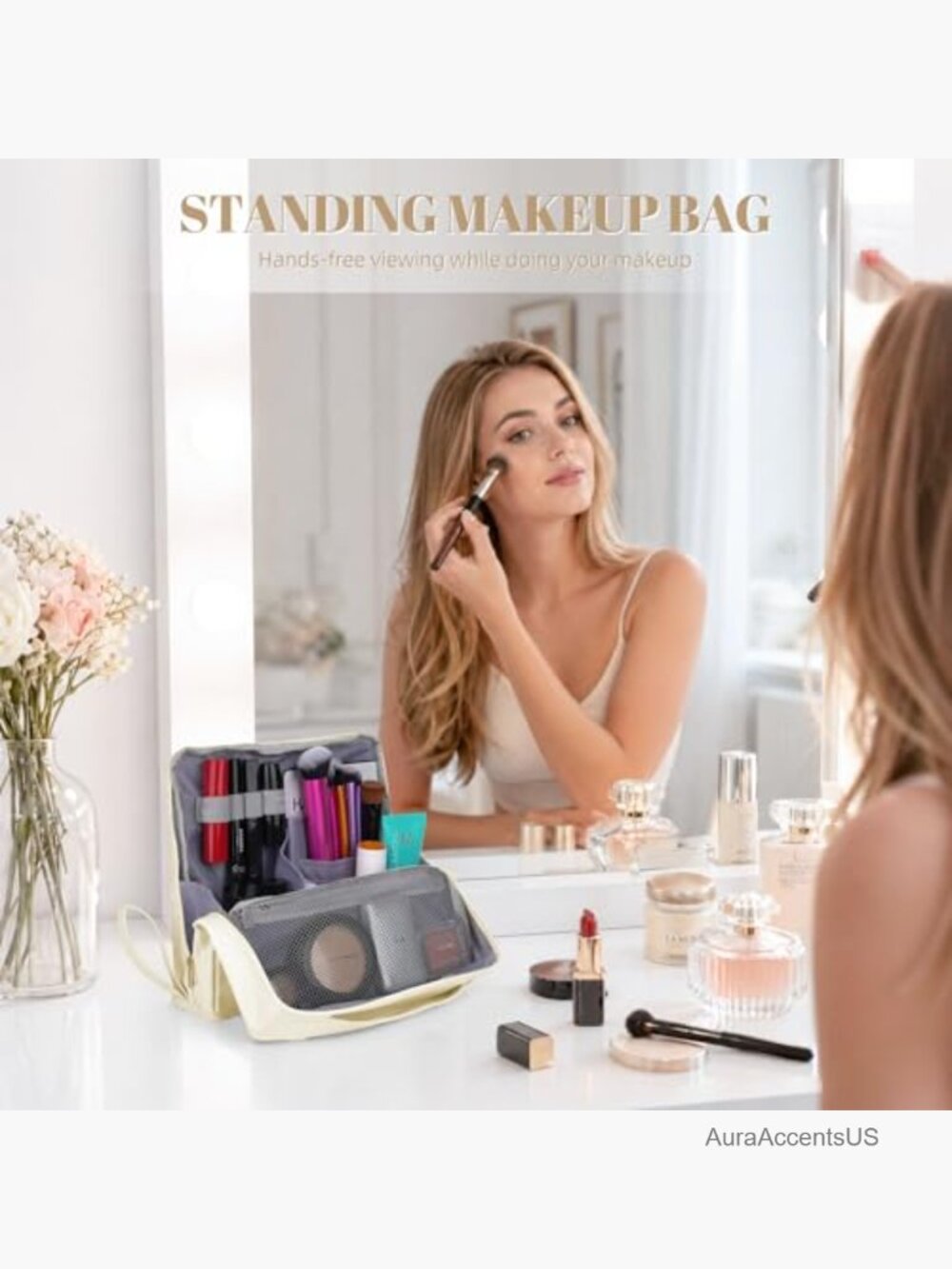 Portable Leather Cosmetic Bag with Magnetic Stand, Waterproof Makeup Organizer - Picture 2 of 7